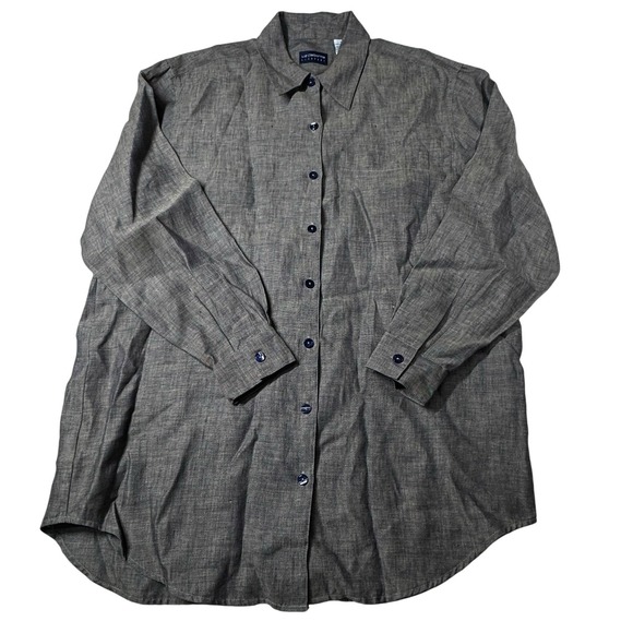 Liz Claiborne Lizsport Shirt Womens L Black Gray  100% Linen ButtonUp‎ - Picture 1 of 6